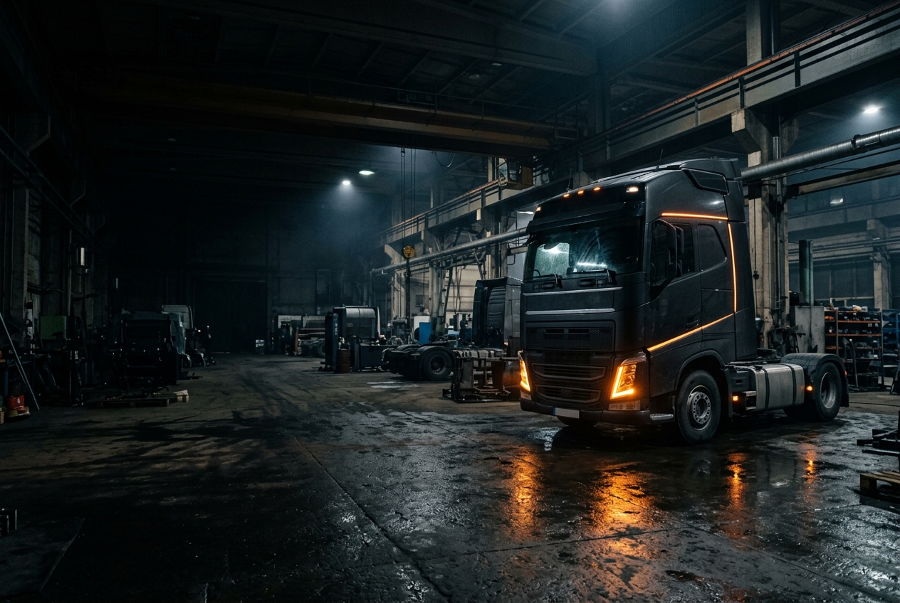 Camion MAN aux phares orange dans un atelier de nuit